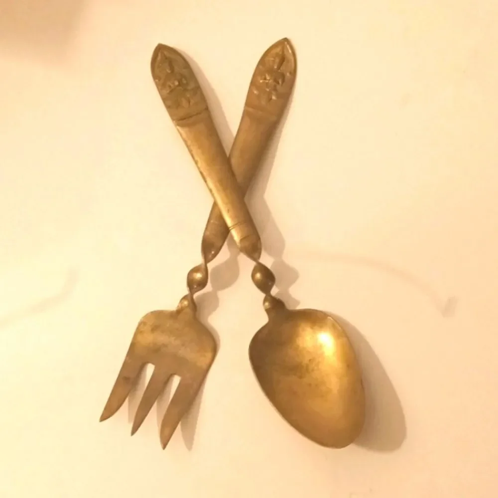 Signed Vintage Bronze Brass Spoon Fork Serving Set